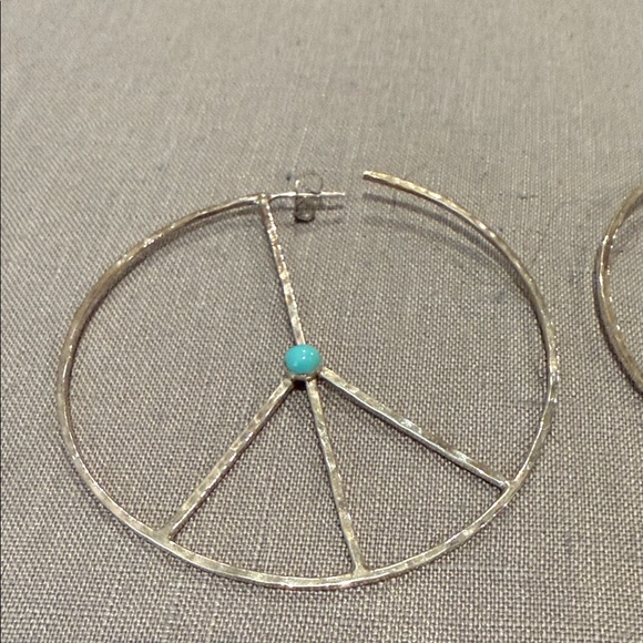 Sterling Silver and Turquoise Peace Sign Hoop Earrings- 2 3/8” wide - Picture 2 of 5